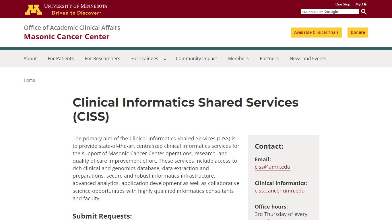 Clinical Informatics Shared Services (CISS) - Masonic Cancer Center